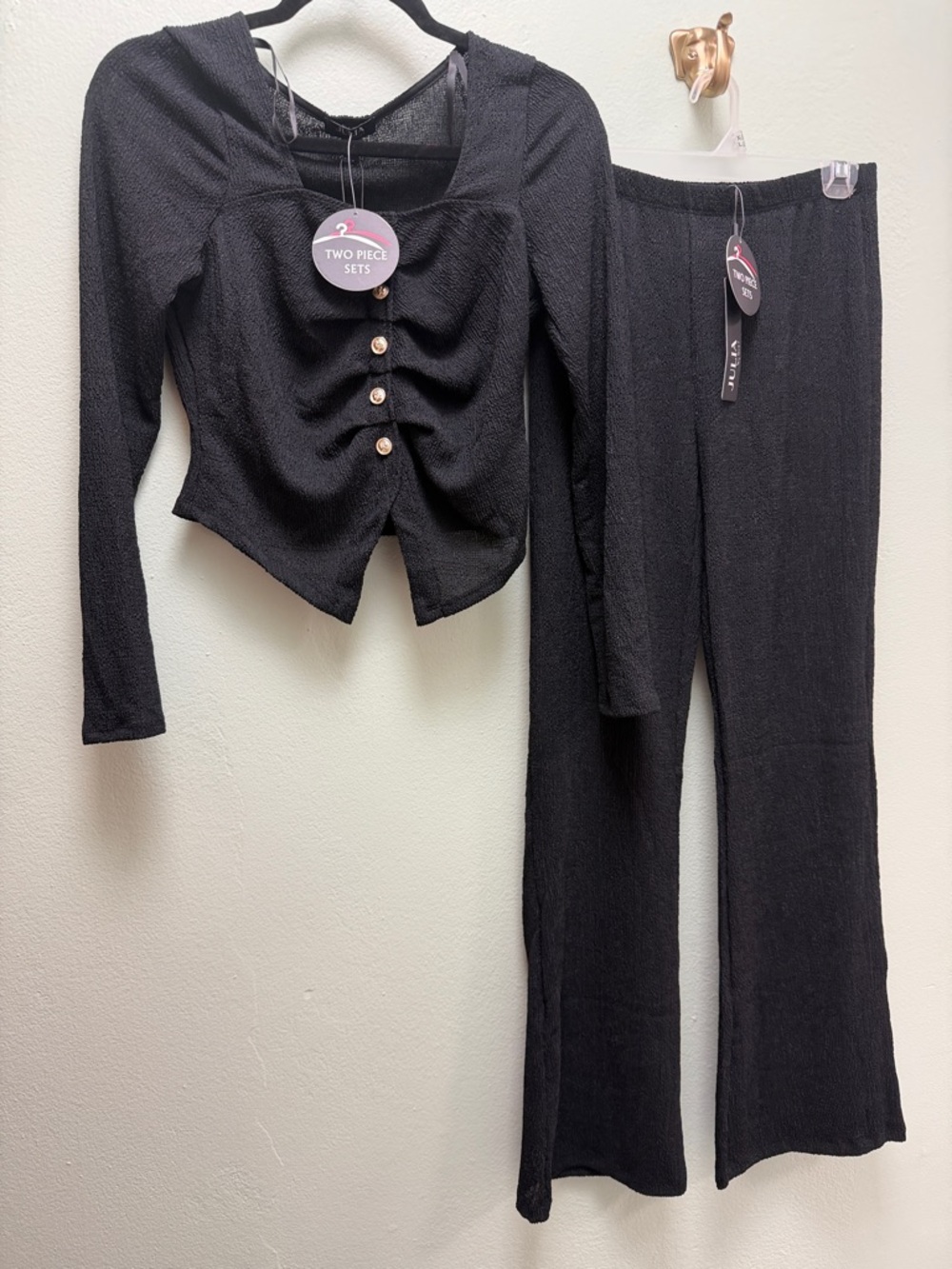 Black Wide-Leg Two-Piece Knit Set with Ruched Button Top
